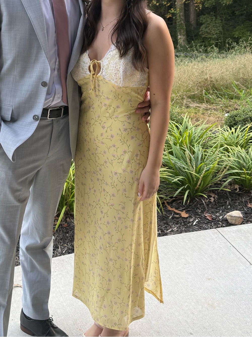 Yellow Floral Lace-Trim Dress